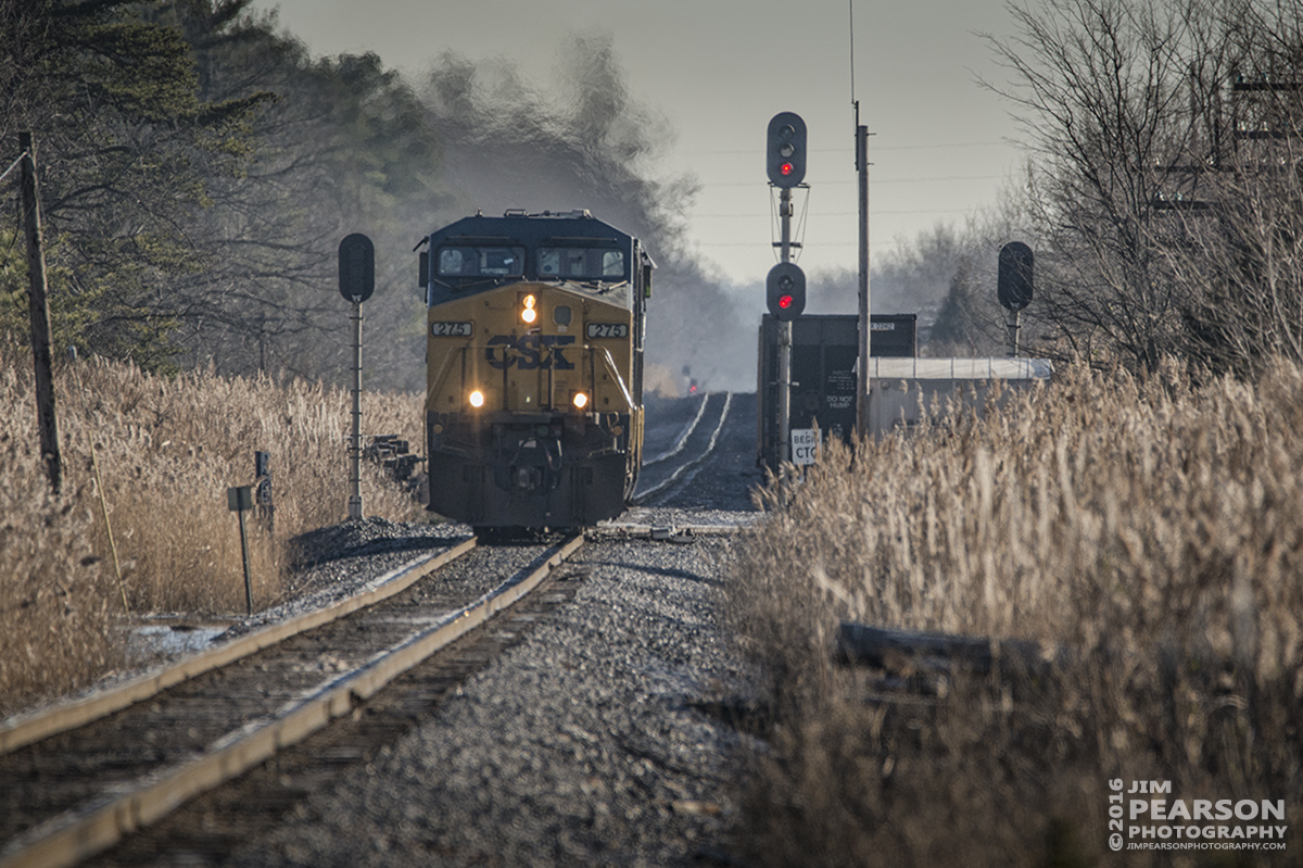 January 5, 2016 - A set of CSX engines run around it's coal train at Pond River Siding on the Paducah and Louisville Railway at Madisonville, Ky preparing to take it's train on south. - Tech Info: 1/2000 | f/6.3 | ISO 560 | Lens: Sigma 150-600 @ 600mm with a Nikon D800 shot and processed in RAW. ‪