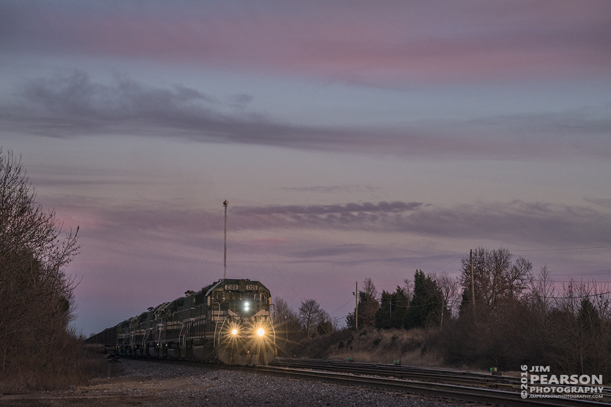 January 6, 2016 - Paducah and Louisville Railway's 2105 prepares to head south from West Yard in Madisonville, Ky with a loaded coal train bound for Calvert City Loadout as the last light of the day begins to fade from the sky. - Tech Info: 1/620 | f/6.3 | ISO 800 | Lens: Sigma 24-70 @ 70mm with a Nikon D800 shot and processed in RAW.