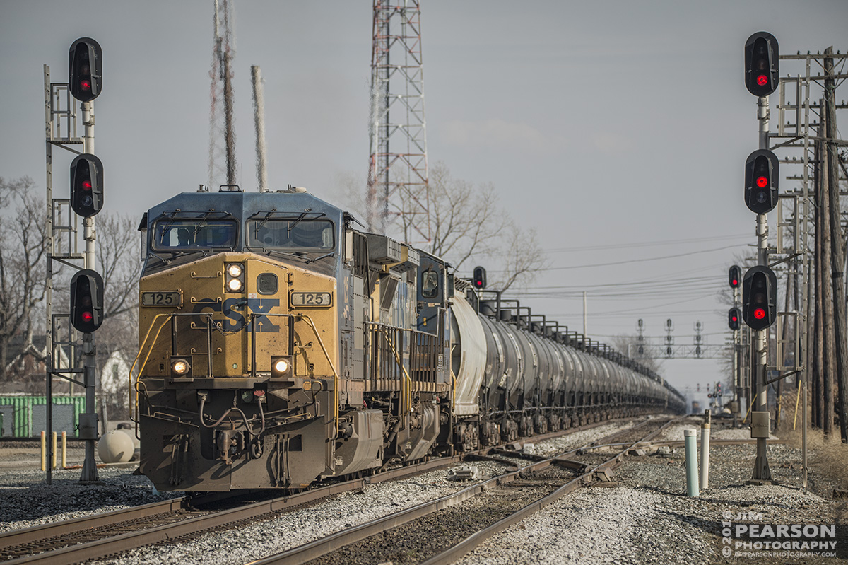 February 7, 2016 - CSX K631 heads west at Fostoria, Ohio on the Williard Subdivision with a empty tank train and engine 125 in the lead. - Tech Info: 1/1000 | f/5.3 | ISO 150 | Lens: Sigma 150-600 @ 220mm on a Nikon D800 shot and processed in RAW.