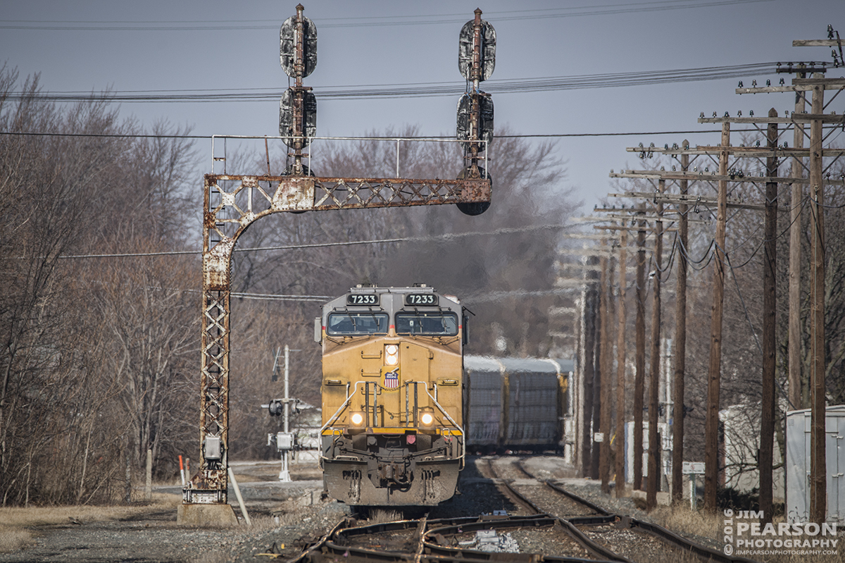 February 7, 2016 - CSX autorack S241-07 (Detroit, MI to Louisville, KY) heads south on the Columbus Subdivision at Fostoria, Ohio, with UP 7233 in the lead. - Tech Info: 1/1000 | f/6 | ISO 180 | Lens: Sigma 150-600 @ 500mm on a Nikon D800 shot and processed in RAW.