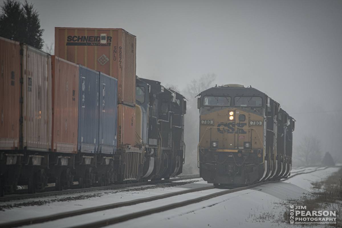 February 15, 2016 - CSX Q028 meets a set of five light engines at the south end of the siding at Slaughers, Ky as it makes its way north on the Henderson Subdivision in a heavy fog. - Tech Info: 1/2000 | f/6.3 | ISO 720 | Lens: Sigma 150-600 @ 600mm on a Nikon D800 shot and processed in RAW.