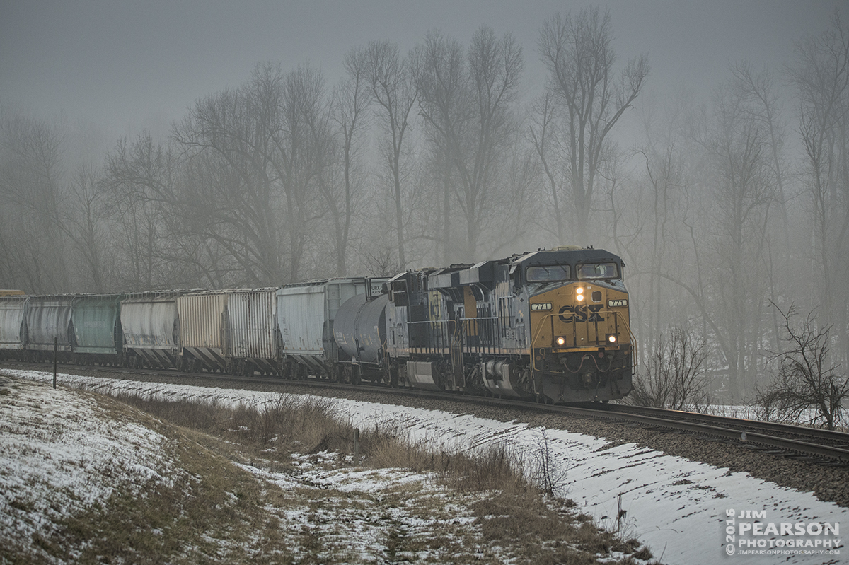 February 15, 2016 - CSX Q688 (Birmingham, AL - Indianapolis, IN), with engine 771 leading, rounds a curve as it heads north into Sebree, Ky in a late afternoon fog on the Henderson Subdivision. - Tech Info: 1/2000 | f/5 | ISO 1000 | Lens: Sigma 150-600 @ 150mm on a Nikon D800 shot and processed in RAW. 