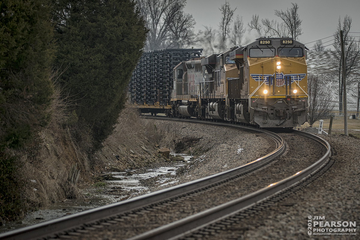 February 17, 2016 - CSX Q294 (Nashville, TN - Indianapolis, IN) with UP 8250 in the lead and Lease unit SSRX 1414 as its trailing unit, heads into Sebree, Ky as it moves its load north on the Henderson Subdivision. - Tech Info: 1/1600 | f/5.6 | ISO 800 | Lens: Sigma 150-600 @ 180mm on a Nikon D800 shot and processed in RAW.