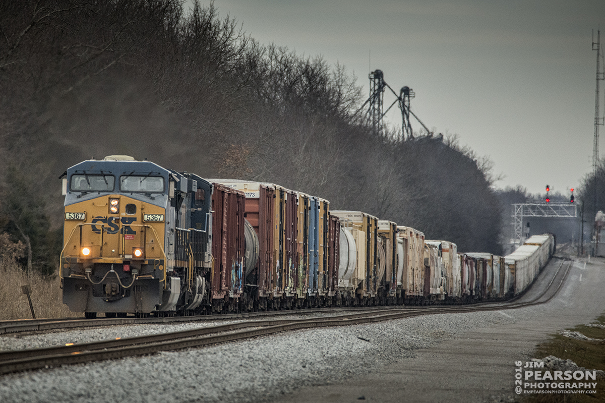 February 19, 2016 - CSX Q592 climbs up the grade from Pembroke, Ky as it heads north on the Henderson Subdivision as light fades from the day. - Tech Info: 1/800 | f/6.3 | ISO 3200 | Lens: Sigma 150-600 @ 600mm on a Nikon D800 shot and processed in RAW.