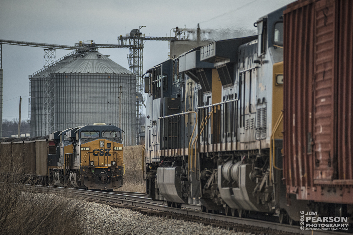 February 19, 2016 - CSX Q592, metts a waiting loaded coal train at Casky Yard, as it makes its way north on the Henderson Subdivision at Hopkinsville, Ky. - Tech Info: 1/800 | f/5.6 | ISO 2500 | Lens: Sigma 150-600 @ 340mm on a Nikon D800 shot and processed in RAW.