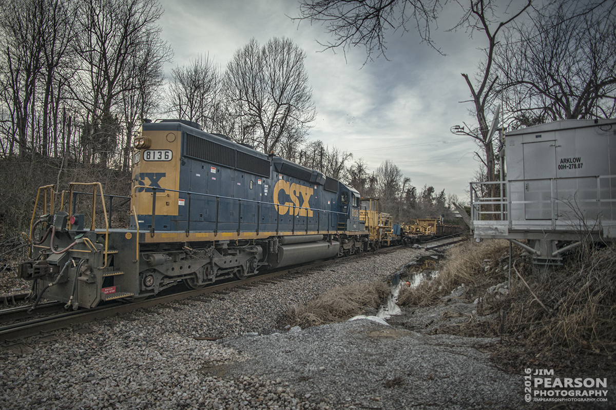 February 22, 2016 - CSX rail train C016, 8136 with long nose forward, passes through Arklow at Madisonville, KY as it heads south back to Atkinson Yard, after a day of dropping rail along the Henderson Subdivision. - Tech Info: 1/2000 | f/2.8 | ISO 220 | Lens: Nikon 18mm on a Nikon D800 shot and processed in RAW.