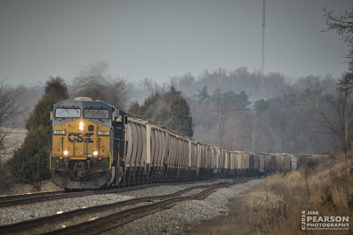 February 23, 2016 - CSX loaded grain train G159 heads toward the south end of the siding at Slaughters, Ky as it heads south on the Henderson Subdivision. - Tech Info: 1/2000 | f/6.3 | ISO 720 | Lens: Sigma 150-600 @ 600mm on a Nikon D800 shot and processed in RAW.