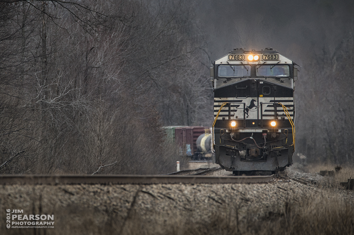 February 25, 2016 - CSX Q647-24, with NS 7683 leading, approaches the south end of the siding at Romney in Nortonville, Ky to wait for a northbound, as it heads south on the Henderson Subdivision. - Tech Info: 1/640 | f/6.3 | ISO 720 | Lens: Sigma 150-600 @ 600mm on a Nikon D800 shot and processed in RAW.