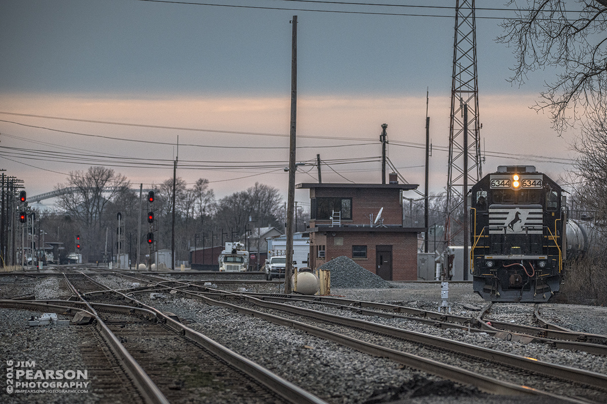 February 7, 2016 - Norfolk Southern L11 pulls out of NS Blair yard at Fostoria, Ohio on the NS Transfer track at F Tower with 6344 leading. - Tech Info: 1/250 | f/5.3 | ISO 2000 | Lens:Nikon 70-300 @ 230mm on a Nikon D800 shot and processed in RAW.