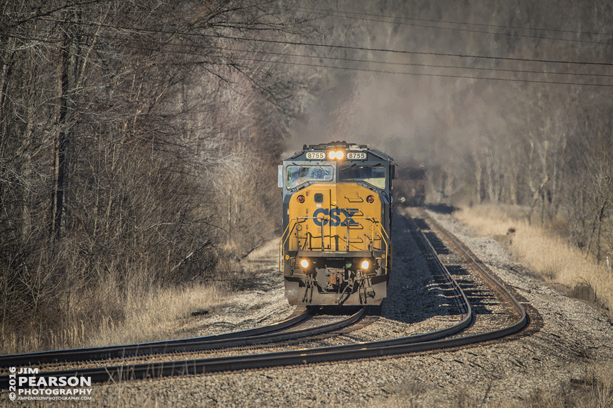 February 29, 2016 - CSX Q515-29 passes a empty coal train in the siding at the south end of Romney in Nortonville, Ky as it heads south on the Henderson Subdivision with CSXT 8755 in the lead. - Tech Info: 1/1000 | f/6.3 | ISO 400 | Lens: Sigma 150-600 @ 600mm on a Nikon D800 shot and processed in RAW.