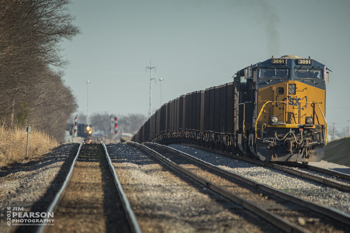 February 29, 2016 - A empty northbound coal train, with CSXT 3091 in the lead, waits to come out of Casky Yard at the north end of Pembroke, Ky as a northbound freight approaches behind him at Hopkinsville, ky on the Henderson Subdivision. - Tech Info: 1/5000 | f/6.3 | ISO 1600 | Lens: Sigma 150-600 @ 600mm on a Nikon D800 shot and processed in RAW.