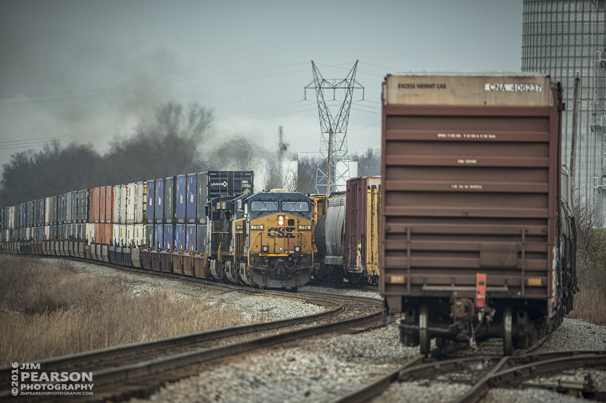 March 9, 2016 - CSX Q025 passes Q294 at the south end of CSX's Casky Yard at Hopkinsville, Ky as it moves south on the Henderson Subdivision. - Tech Info: 1/1000 | f/6 | ISO 1600 | Lens: Sigma 150-600 @ 500mm on a Nikon D800 shot and processed in RAW.