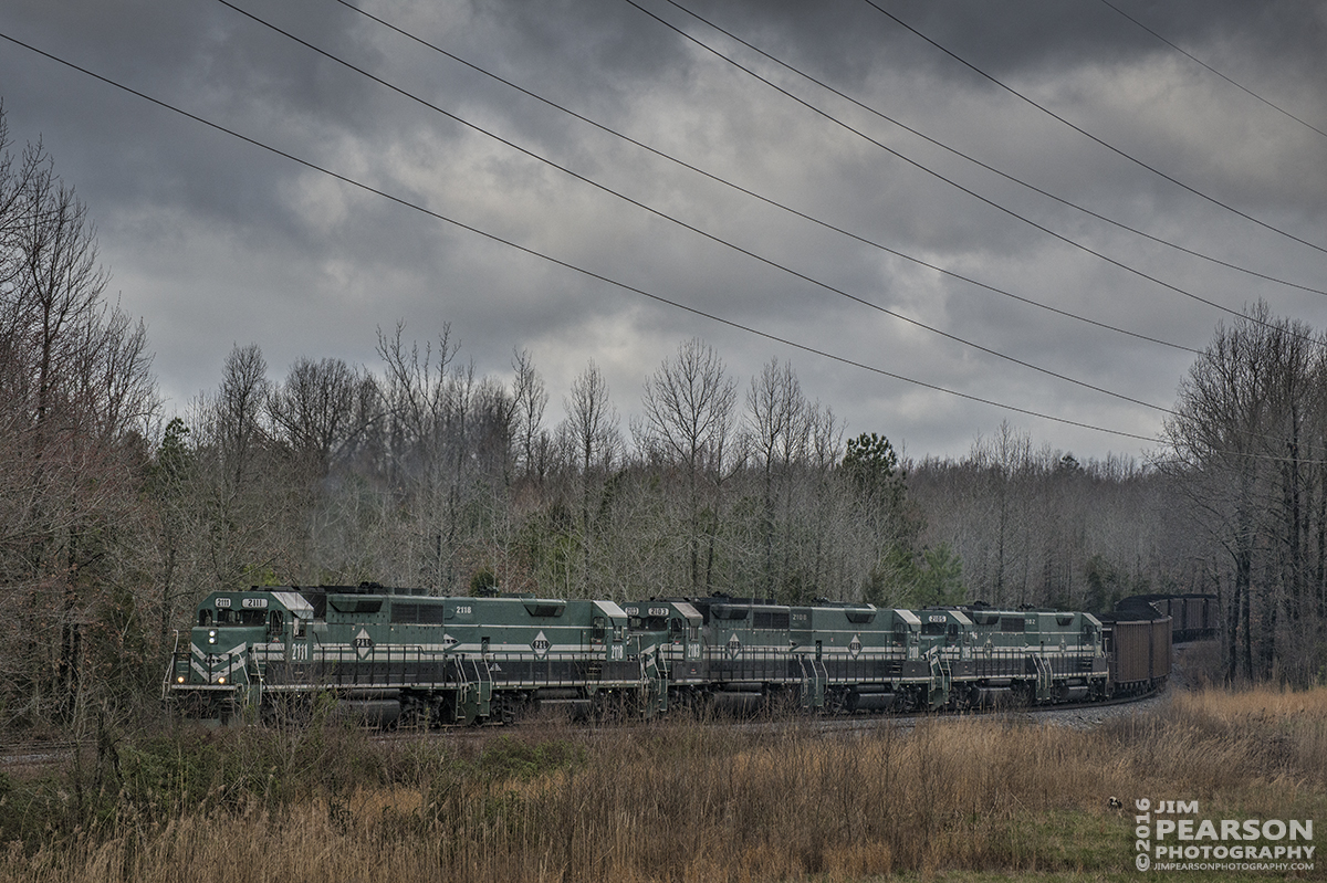 March 14, 2016 - Paducah and Louisville Railway's 2111 leads a lashup of six engines as they make their way up the Warrior Lead after picking up a load of coal at Warrior Coal in Nebo, Ky. - Tech Info: 1/2000 | f/8 | ISO 900 | Lens: Nikon 70-300 @ 122mm on a Nikon D800 shot and processed in RAW.