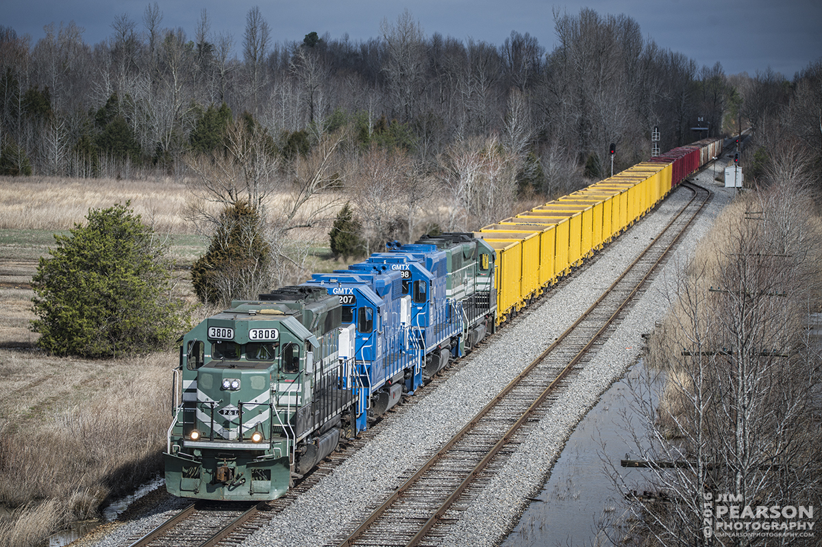 March 14, 2016 - A Paducah and Louisville Railway empty ballast train heads south at Dawson Springs, Ky, on it's way to Grand Rivers to pickup a load, with engines PAL 3808, GATX/GMTX 2207, 2698 and PAL 2125 as power. - Tech Info: 1/1250 | f/5 | ISO 140 | Lens: Sigma 150-600 @ 150mm on a Nikon D800 shot and processed in RAW.