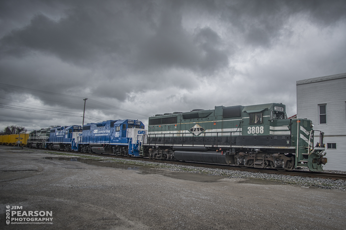 March 14, 2016 - A Paducah and Louisville Railway empty ballast train heads south through Princeton, Ky, on it's way to Grand Rivers to pickup a load, with units PAL 3808, GATX/GMTX 2207, 2698 and PAL 2125 as power. - Tech Info: 1/800 | f/4.5 | ISO 110 | Lens: Nikon 18mm on a Nikon D800 shot and processed in RAW.