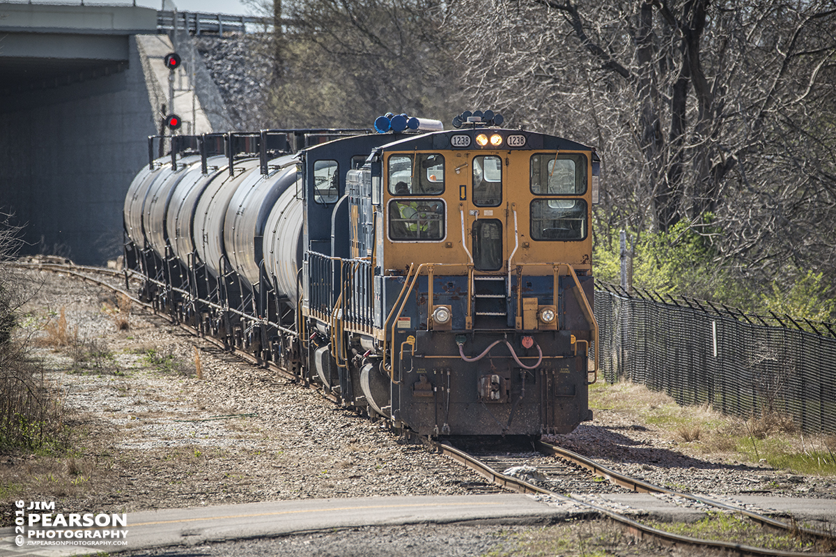 March 16, 2016 - A local crew on CSXT switcher 1238 wait for a signal just past the 10th Avenue crossing in downtown Nashville, Tn with a short string of tank cars. - Tech Info: 1/1000 | f/6 | ISO 560 | Lens: Sigma 15-600 @ 440mm on a Nikon D800 shot and processed in RAW.