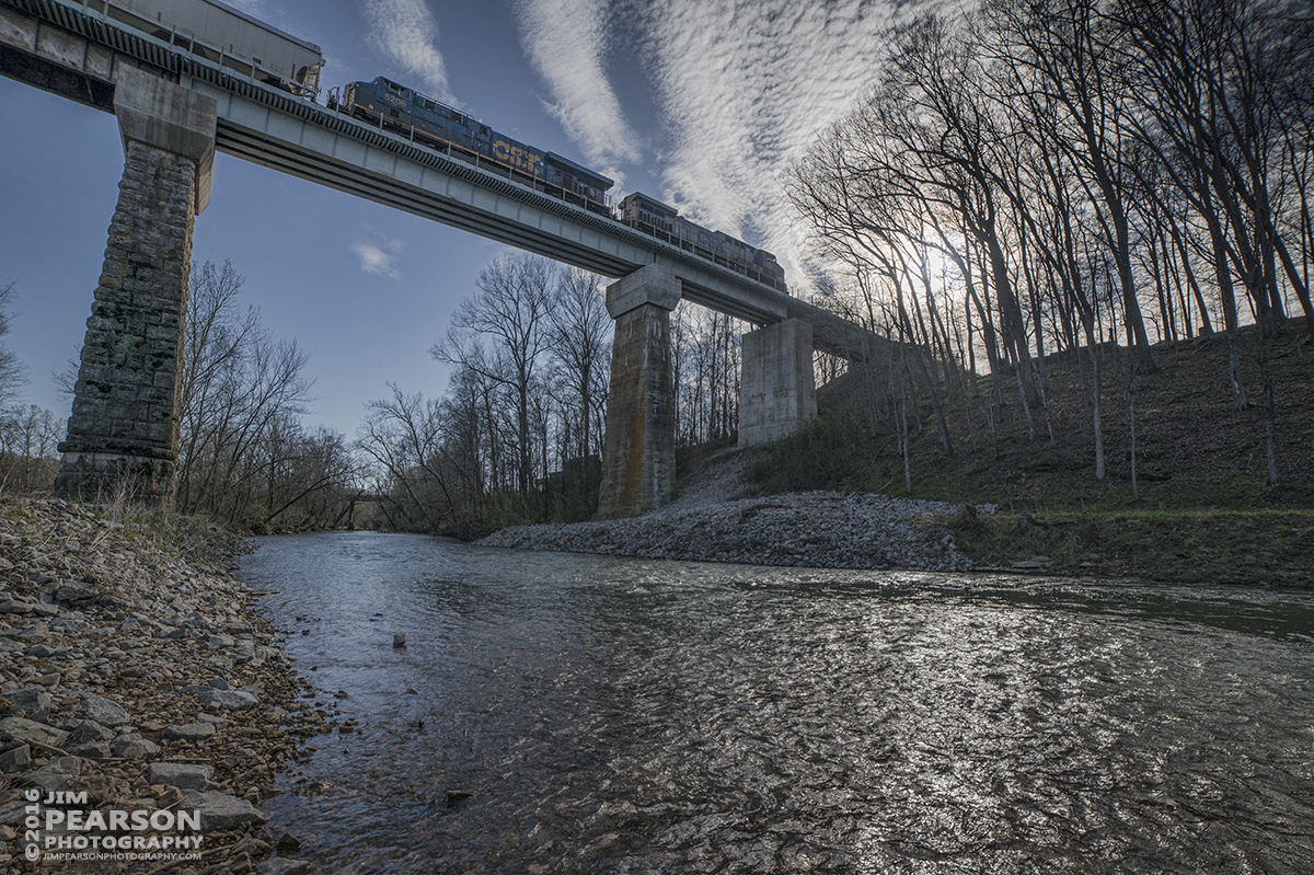 March 16, 2016 - CSX Q294 heads over the Sulfur Creek Trestle at Springfield, TN as it makes it's way north on the Henderson Subdivision.  - Tech Info: 1/2500 | f/7 | ISO 250 | Lens: Rokinon 14mm on a Nikon D800 shot and processed in RAW.