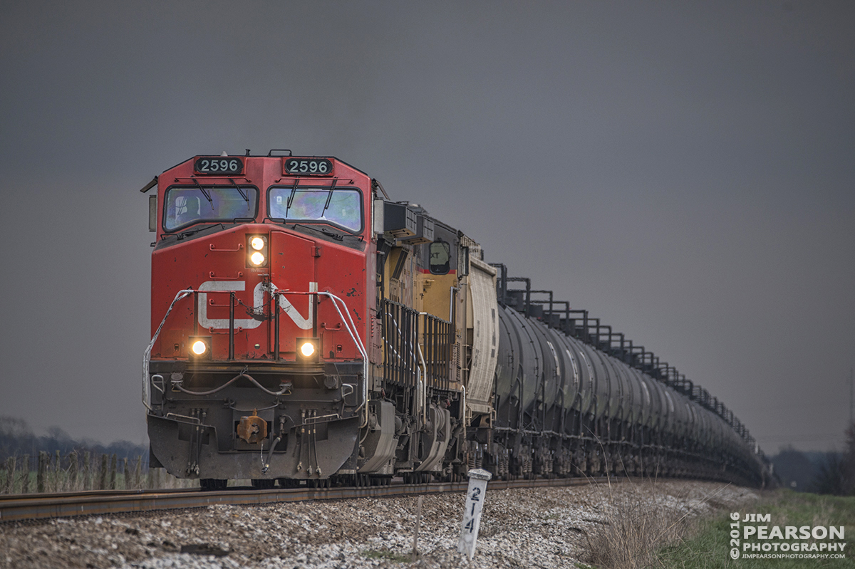 March 19, 2016 - CSX empty ethanol train K444-15 at MP 214, just south of Guthrie, Ky with CN 2596 leading and UP 5873 trailing as it heads north on the Henderson Subdivision under stormy skies.  - Tech Info: 1/1600 | f/6 | ISO 250 | Lens: Sigma 150-600 @ 420mm on a Nikon D800 shot and processed in RAW.