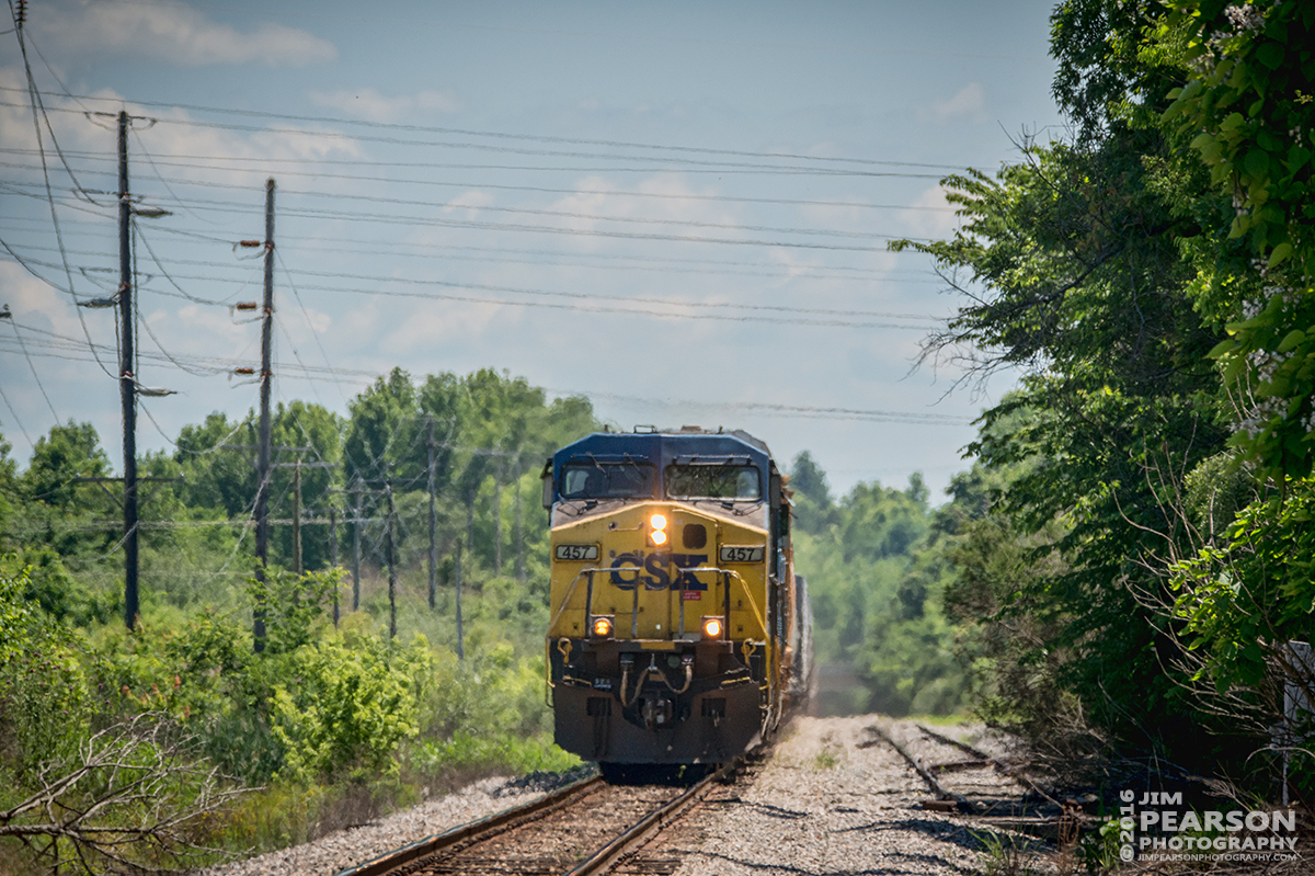 May 30, 2016 - CSX Q586-30 (Nashville, TN- Evansville, IN) passes an old coal mine siding at Okema on the Earlington Cutoff as it makes its way north on the Henderson Subdivision at Madisonville, Ky with CSXT 457 leading the way. - Tech Info: 1/2000 | f/8 | ISO 900 | Lens: Nikon Sigma 150-600 @ 380mm on a Nikon D800 shot and processed in RAW.