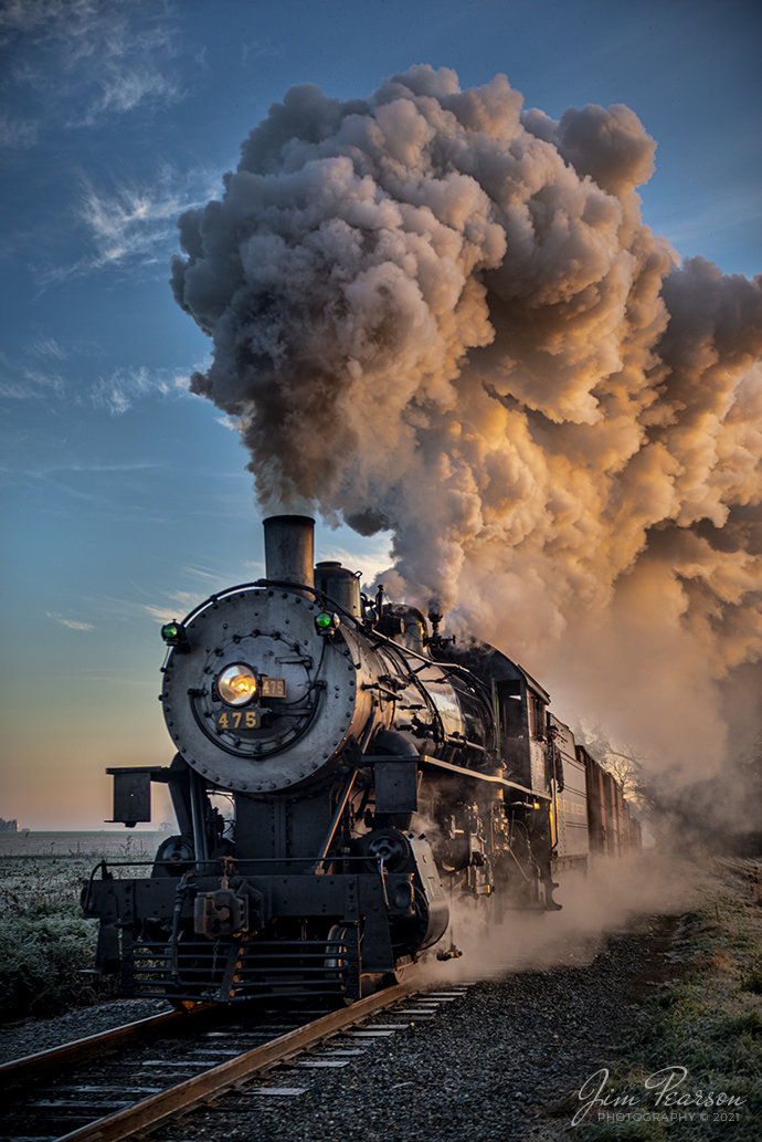 Norfolk and Western 475 heads west on the Strasburg Railroad at sunrise –  Jim Pearson Photography