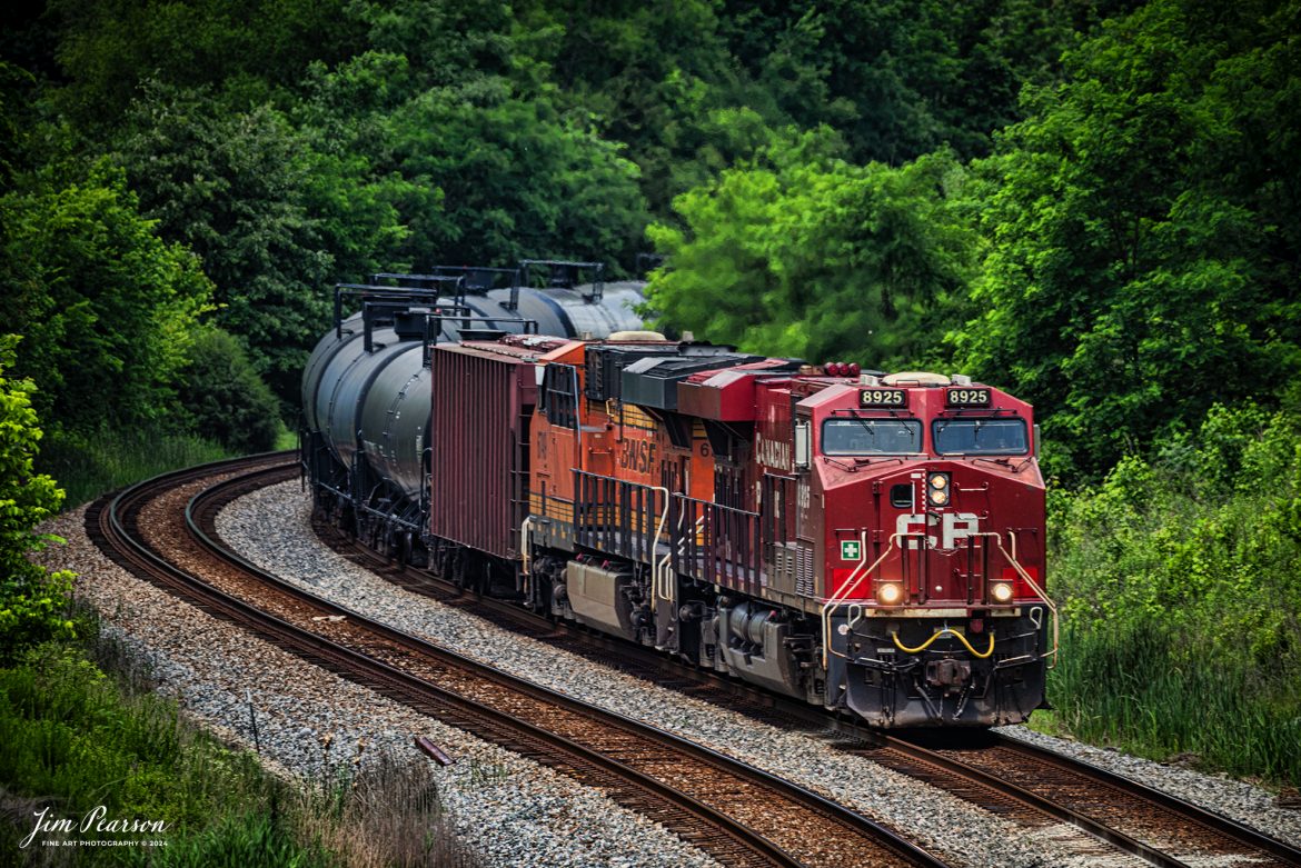 Canadian Pacific 8925 leads CSX B647, a loaded ethanol train, southbound through the S curve at Nortonville, Kentucky on May 25th, 2024, on the CSX Henderson Subdivision.

Tech Info: Nikon D800, Sigma 150-600 @ 360mm, f/5.6, 1/500, ISO 180.

#trainphotography #railroadphotography #trains #railways #jimpearsonphotography #trainphotographer #railroadphotographer #CSX