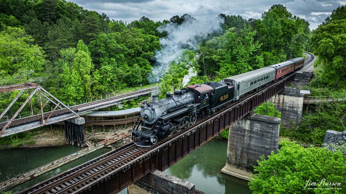 Tennessee Valley Railroad Museum’s steam locomotive Southern Railway 630 crosses over the Chickamauga Creek Bridge as it heads to East Chattanooga, Tennessee, on April 27th, 2024.

According to Wikipedia: Southern Railway 630 is a 2-8-0 "Consolidation" type steam locomotive built in February 1904 by the American Locomotive Company (ALCO) of Richmond, Virginia for the Southern Railway as a member of the Ks-1 class. It is currently owned and operated by the Tennessee Valley Railroad Museum in Chattanooga, Tennessee where it resides today for use on excursion trains.

The Tennessee Valley Railroad Museum was founded as a chapter of the National Railway Historical Society in 1960 by Paul H. Merriman and Robert M. Soule, Jr., along with a group of local railway preservationists. They wanted to save steam locomotives and railway equipment for future historical display and use. Today, the museum offers various tourist excursions from stations in Chattanooga and Etowah, Tennessee.

Tech Info: DJI Mavic 3 Classic Drone, RAW, 24mm, f/2.8, 1/1000, ISO 280.