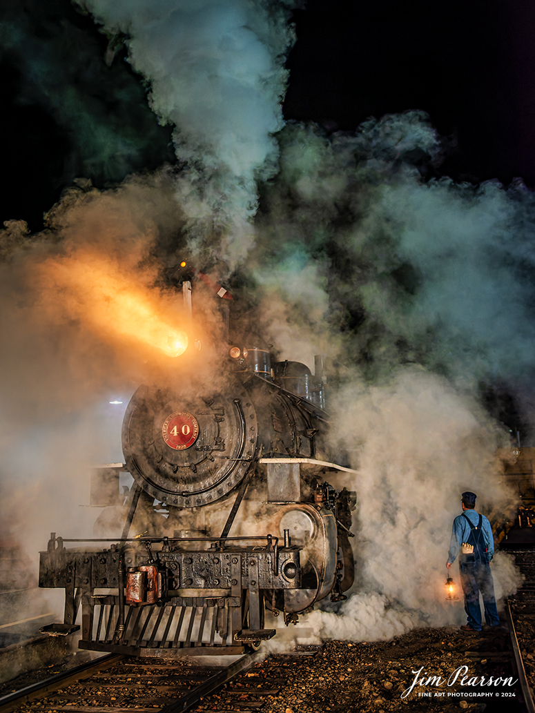 The Valley Railroad Company #40 rests at the depot at Essex, Connecticut as the conductor stands next to the engine, on the night of October 8th, 2024, during a photo charter conducted by Dak Dillion Photography.

According to Wikipedia: The Valley Railroad, operating under the name Essex Steam Train and Riverboat, is a heritage railroad based in Connecticut on tracks of the Connecticut Valley Railroad, which was founded in 1868. The company began operations in 1971 between Deep River and Essex and has since reopened additional parts of the former Connecticut Valley Railroad line. It operates the Essex Steam Train and the Essex Clipper Dinner Train.

Tech Info: Nikon D810, RAW, Nikon 24-70 @ 31mm, f/2.8, 1/100, ISO 2800.

#photographyoftrains #bestsoldpicture #JimPearsonPhotography #thevalleyrailroad #steamtrains