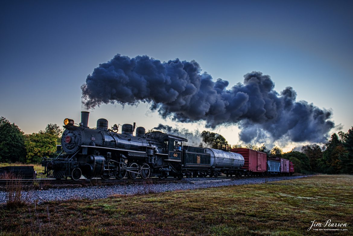 The Valley Railroad Company #40 steams across an open field in the early morning with a rare mixed freight move out of Essex, Connecticut on October 8th, 2024, as part of a two-day photo charter conducted by Dak Dillion Photography.

According to Wikipedia: The Valley Railroad, operating under the name Essex Steam Train and Riverboat, is a heritage railroad based in Connecticut on tracks of the Connecticut Valley Railroad, which was founded in 1868. The company began operations in 1971 between Deep River and Essex and has since reopened additional parts of the former Connecticut Valley Railroad line. It operates the Essex Steam Train and the Essex Clipper Dinner Train.

Valley Railroad #40 is a ALCO 2-8-0 that was built in 1923. It was built as Portland, Astoria and Pacific No. 101, but never used there; transferred to Minarets and Western Railroad in 1921, later to Southern Pacific, then to the Aberdeen and Rockfish Railroad. Purchased by the Valley Railroad in 1977.

Tech Info: Nikon D810, RAW, Nikon 24-70 @ 24mm, f/2.8, 1/200, ISO 220.

#photographyoftrains #bestsoldpicture #JimPearsonPhotography #thevalleyrailroad #steamtrains