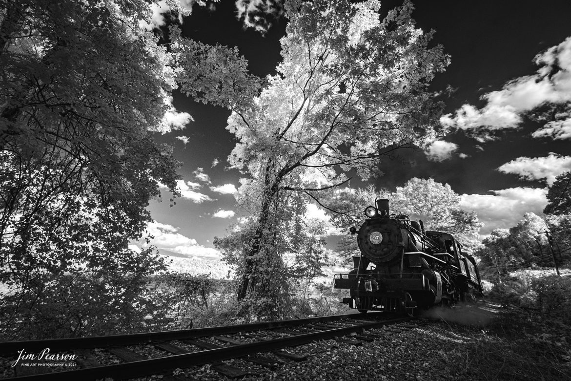 In this week’s Saturday Infrared Photo, we find The Valley Railroad Company #97 steams along the Connecticut River around Chester, Connecticut with a passenger train on October 9th, 2024, as part of a two-day photo charter conducted by Dak Dillion Photography.

According to Wikipedia: The Valley Railroad, operating under the name Essex Steam Train and Riverboat, is a heritage railroad based in Connecticut on tracks of the Connecticut Valley Railroad, which was founded in 1868. The company began operations in 1971 between Deep River and Essex and has since reopened additional parts of the former Connecticut Valley Railroad line. It operates the Essex Steam Train and the Essex Clipper Dinner Train.

Valley Railroad #40 is an ALCO 2-8-0 that was built in 1923. It was built as Portland, Astoria and Pacific No. 101, but never used there; transferred to Minarets and Western Railroad in 1921, later to Southern Pacific, then to the Aberdeen and Rockfish Railroad. Purchased by the Valley Railroad in 1977.

Tech Info: Fuji XT-1, RAW, Converted to 720nm B&W IR, Nikon 10-24 @ 10mm, f/5, 1/250, ISO 400.

#jimpearsonphotography #infraredtrainphotography #infraredphotography #infraredphotography #trending #thevalleyrailroad