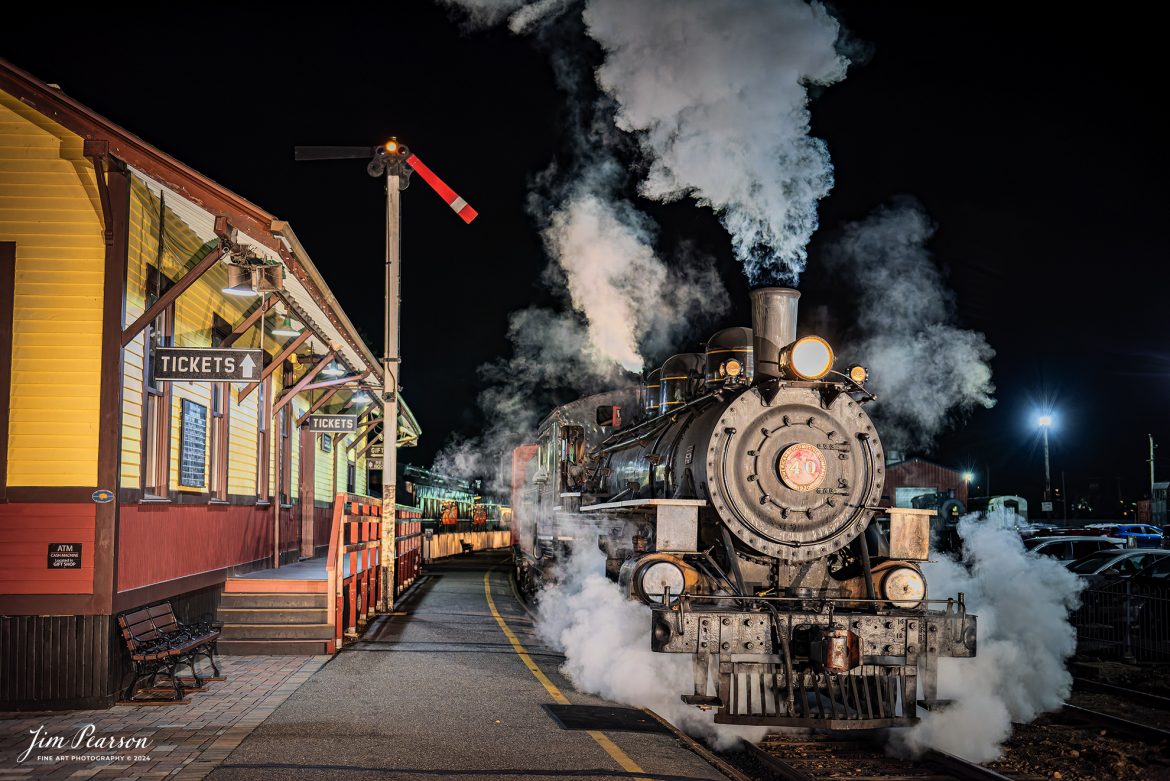 The Valley Railroad Company #40 rests at the depot in Essex, Connecticut as crews conduct their night operations, on October 8th, 2024, during a photo charter conducted by Dak Dillion Photography.

According to Wikipedia: The Valley Railroad, operating under the name Essex Steam Train and Riverboat, is a heritage railroad based in Connecticut on tracks of the Connecticut Valley Railroad, which was founded in 1868. The company began operations in 1971 between Deep River and Essex and has since reopened additional parts of the former Connecticut Valley Railroad line. It operates the Essex Steam Train and the Essex Clipper Dinner Train.

Tech Info: Nikon D810, RAW, Nikon 24-70 @ 44mm, 2.8, 1/100, ISO 7,200.

#photographyoftrains #bestsoldpicture #JimPearsonPhotography #thevalleyrailroad #steamtrains