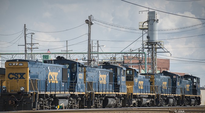 May 28, 2015 - Five CSX switchers, 1221, 1213, 1108, 1228 and 1173 sit at Howell Yard's service facility in Evansville, Indiana. Tech Info: 1/2000sec, f/4.8, ISO 320, Lens: Nikon 70-300 @ 145mm with a Nikon D800 shot and processed in RAW. #jimstrainphotos