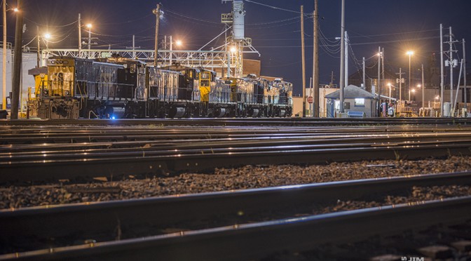 May 28, 2015 - A set of switchers sit under the lights at CSX's Howell Yard in Evansville, In.