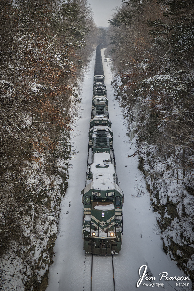 January 17, 2018 - A early morning Paducah and Louisville Railway loaded coal train heads south through the snow covered cut at Charleston, Ky as it heads for the loadout at Calvert City, Ky.