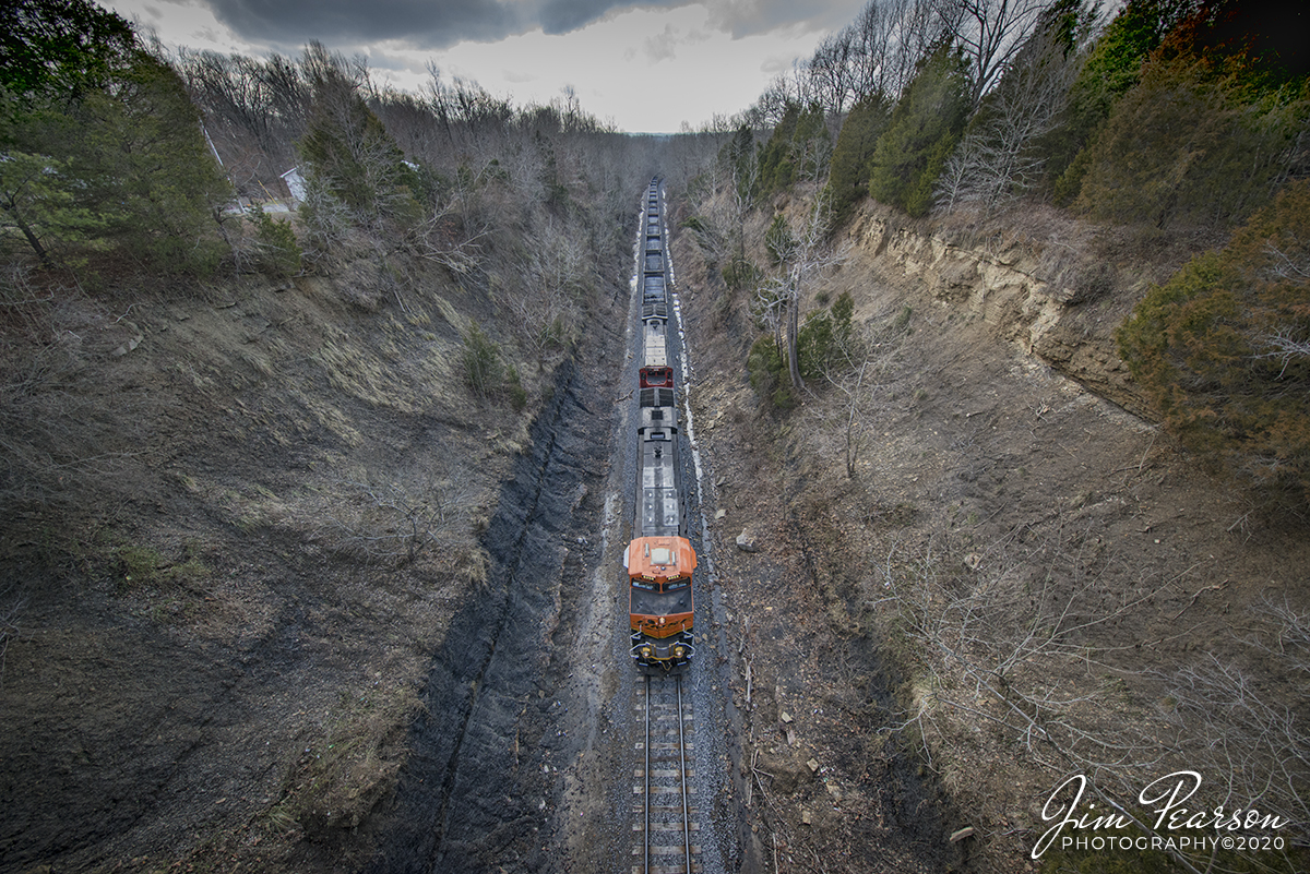 February 8, 2020 - BNSF 6365 & CN 2126 lead a northbound empty coal train, 7,400ft (135 car), with BNSF 5997 as the trailing DPU. Here it approaches the KY 1245 overpass at the cut just north of Rockport, Kentucky on the Paducah and Louisville Railway.