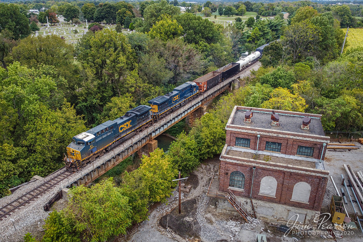 September 26, 2020 - CSX local J732 crosses over the north fork of the Little River, passing the Holland Substation for the Hopkinsville Electric System, as it heads south on the Henderson Subdivision at Hopkinsville, Kentucky.

Tech Info: DJI Mavic Mini Drone, JPG, 4.5mm (24mm equivalent lens) f/2.8, 1/240, ISO 200.