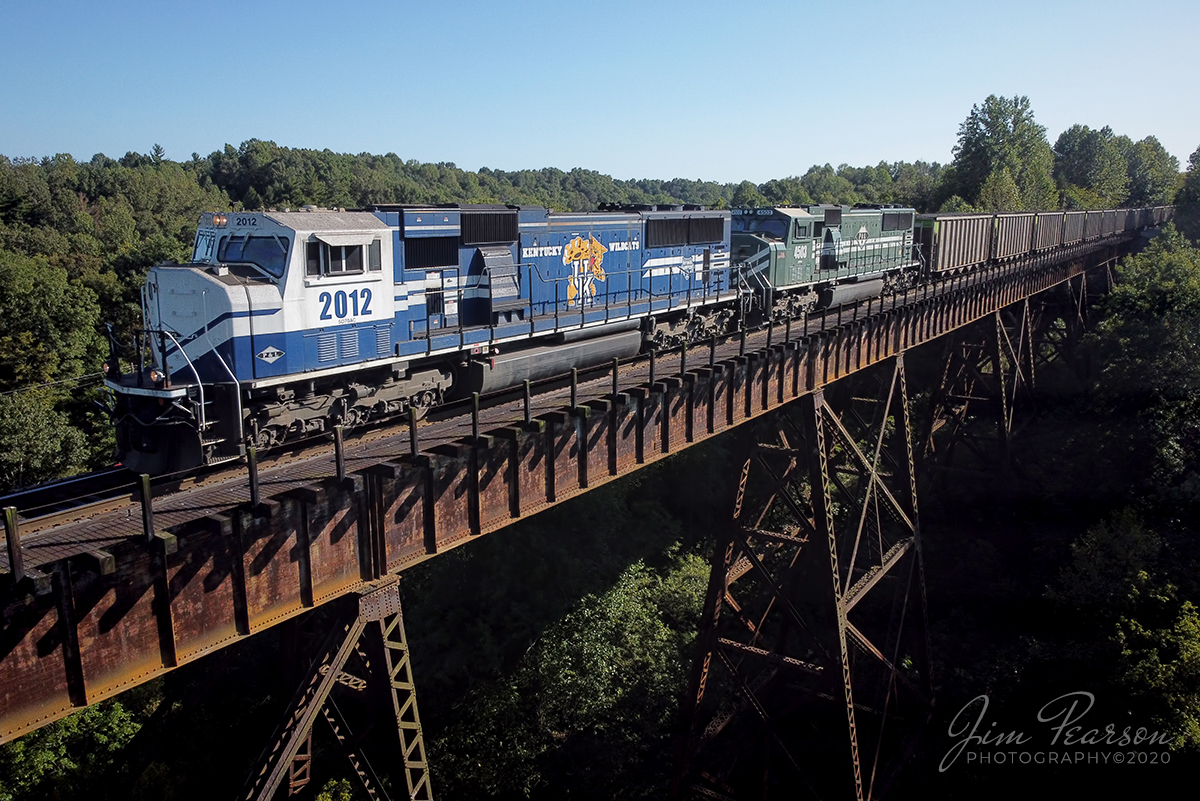 September 21, 2020 - Paducah and Louisville Railway University of Kentucky locomotive 2012 and 4503 lead the afternoon Louisville Gas and Electric coal train across the trestle at Big Clifty, Kentucky on its way north to Louisville.

Tech Info: DJI Mavic Mini Drone, JPG, 4.5mm (24mm equivalent lens) f/2.8, 1/1250, ISO 100.