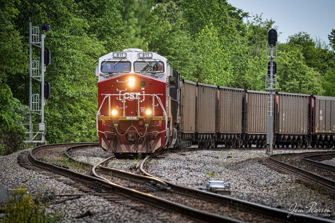 CSXT 911 leads a northbound empty coke train B420, on May 15th, 2022, as it pulls away from Arklow at Madisonville, Kentucky with an empty coke train after dropping off its load at Calvert City Terminal at Calvert City, Ky on the Paducah and Louisville Railway.

CSXT 911 is one of several specialty painted units that CSX has painted in the last few years and this unit honors First Responders.

Tech Info: Nikon D800, RAW, Sigma 150-600mm @ 330mm, f/5.6, 1/640, ISO 250.

#trainphotography #railroadphotography #trains #railways #jimpearsonphotography #trainphotographer #railroadphotographer