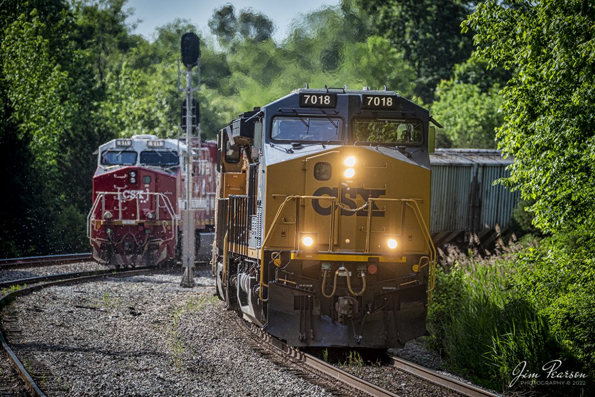 CSXT 7018 leads a empty phosphate train north at Arklow in Madisonville, KY on May 17th, 2022, as CSXT 911 leading B420, a northbound empty coke train, waits with an empty coke train after dropping off its load at Calvert City Terminal at Calvert City, Ky on the Paducah and Louisville Railway.

CSXT 911 is one of several specialty painted units that CSX has painted in the last few years and this unit honors First Responders.

Tech Info: Nikon D800, RAW, Sigma 150-600mm @ 400mm, f/6, 1/640, ISO 220.

#trainphotography #railroadphotography #trains #railways #jimpearsonphotography #trainphotographer