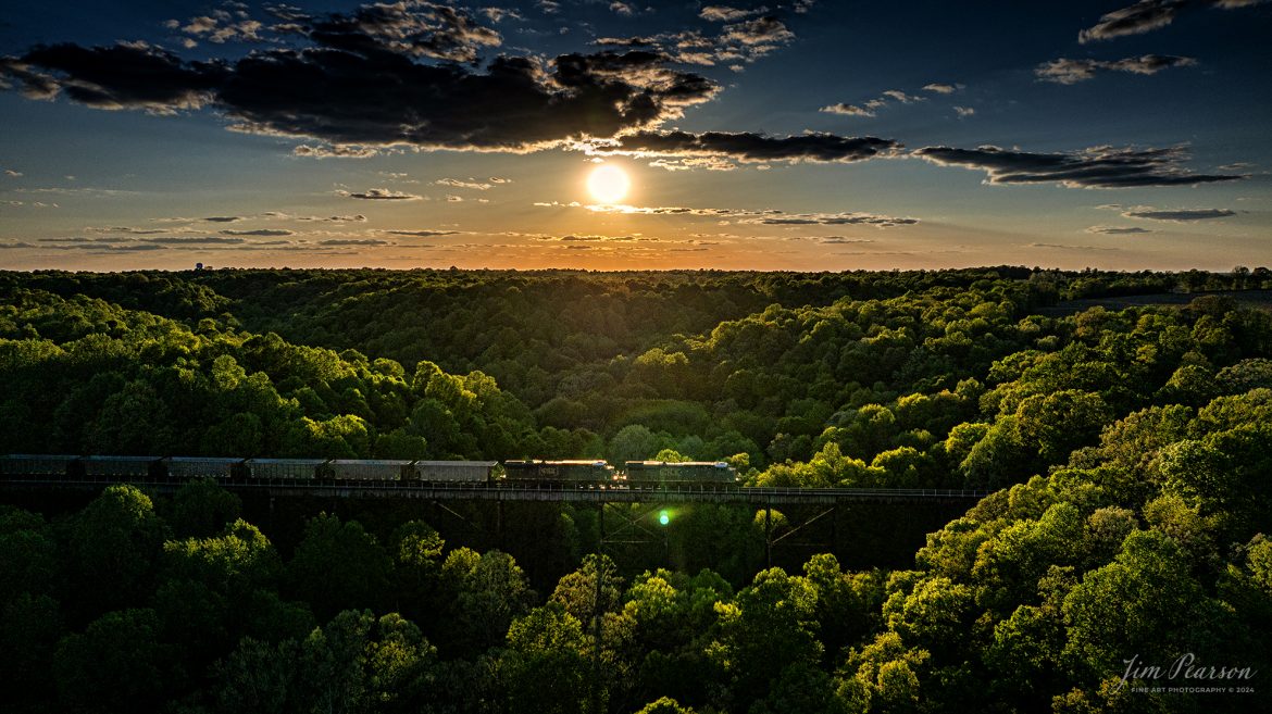 CSX empty coal train E904 heads north across Gum Lick Trestle at sunset, just north of Kelly, Kentucky on April 21st, 2024, on the CSX Henderson Subdivision.

Tech Info: DJI Mavic 3 Classic Drone, RAW, 22mm, f/2.8, 1/5000, ISO 100.