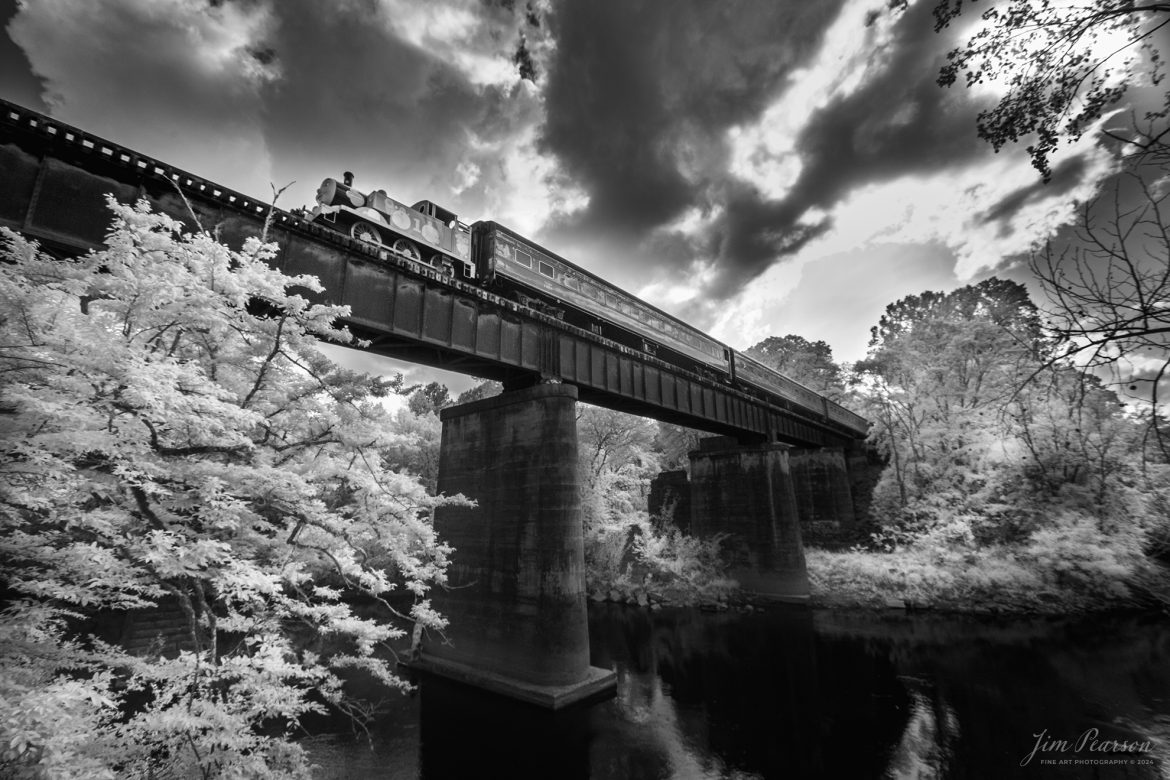 This week’s Saturday Infrared photo is of Thomas the 
Tank Engine as it crosses over Tennessee Valley Railroad Museum's Chickamauga Creek bridge as it heads to West Chattanooga, Tennessee on April 27th, 2024.

The Tennessee Valley Railroad Museum was founded as a chapter of the National Railway Historical Society in 1960 by Paul H. Merriman and Robert M. Soule, Jr., along with a group of local railway preservationists. They wanted to save steam locomotives and railway equipment for future historical display and use. Today, the museum offers various tourist excursions from stations in Chattanooga and Etowah, Tennessee.

Tech Info: Fuji XT-1, RAW, Converted to 720nm B&W IR, Nikon 10-24 @ 10mm, f/5.6, 1/150, ISO 400.

#trainphotography #railroadphotography #trains #railways #jimpearsonphotography #infraredtrainphotography #infraredphotography #trainphotographer #railroadphotographer #PassengerTrain #TennesseeValleyRailroadMuseum #TennesseeTrains #steamtrain #tvrm