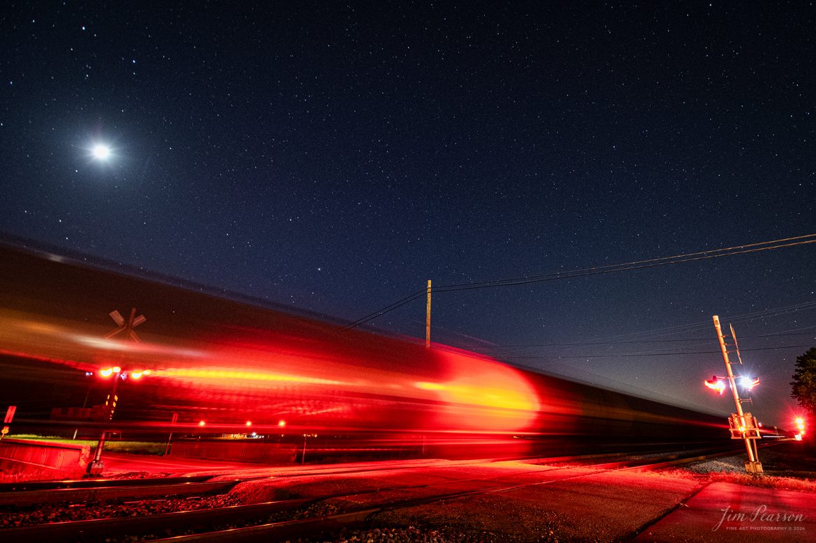 CSX empty ethanol train B828 speeds through the north end of Slaughters, Kentucky, on the CSX Henderson Subdivision, on May 11th, 2024, under a cloud of beautiful stars and the setting moon.  

Tech Info: Nikon D810, RAW, Nikon 10-24 @ 10mm, f/5, 30 seconds, ISO 2500.

#railroad #railroads #train #trains #bestphoto #railroadengines #picturesoftrains #picturesofrailway #bestphotograph #photographyoftrains #trainphotography #JimPearsonPhotography #trending