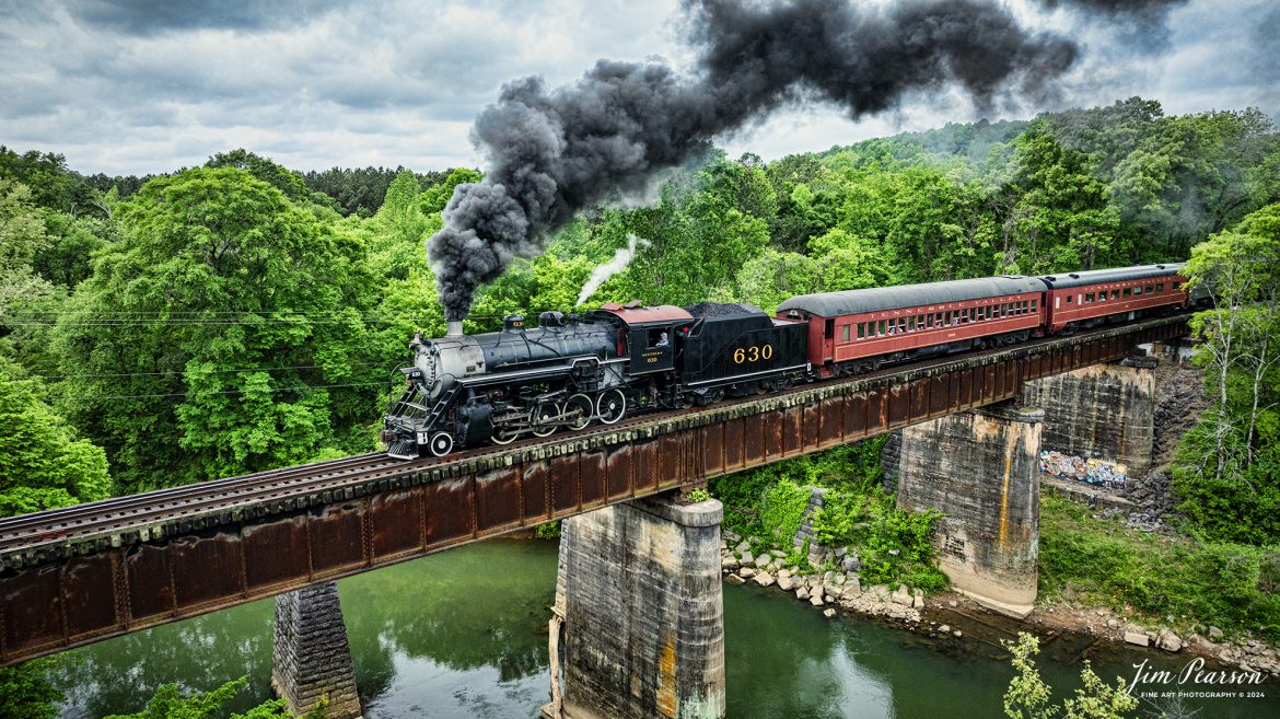 Tennessee Valley Railroad Museum’s steam locomotive Southern Railway 630 crosses over the Chickamauga Creek Bridge as it heads to Grand Junction at West Chattanooga, Tennessee, on April 27th, 2024.

According to Wikipedia: Southern Railway 630 is a 2-8-0 "Consolidation" type steam locomotive built in February 1904 by the American Locomotive Company (ALCO) of Richmond, Virginia for the Southern Railway as a member of the Ks-1 class. It is currently owned and operated by the Tennessee Valley Railroad Museum in Chattanooga, Tennessee where it resides today for use on excursion trains.

The Tennessee Valley Railroad Museum was founded as a chapter of the National Railway Historical Society in 1960 by Paul H. Merriman and Robert M. Soule, Jr., along with a group of local railway preservationists. They wanted to save steam locomotives and railway equipment for future historical display and use. Today, the museum offers various tourist excursions from stations in Chattanooga and Etowah, Tennessee.

Tech Info: DJI Mavic 3 Classic Drone, RAW, 24mm, f/2.8, 1/2000, ISO 320.