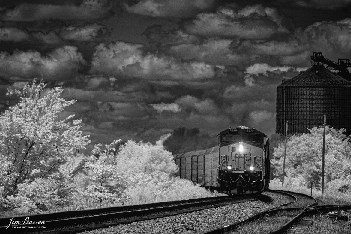 In this week’s Saturday Infrared photo, we catch CSXT 3379 leading CSX I025 southbound at Casky, Hopkinsville, Kentucky on May 30th, 2024, on the CSX Henderson Subdivision. 

Tech Info: Fuji XT-1, RAW, Converted to 720nm B&W IR, Nikon 10-24mm @ 11mm, f/5.6, 1/950, ISO 400.

#trainphotography #railroadphotography #trains #railways #jimpearsonphotography #infraredtrainphotography #infraredphotography #trainphotographer #railroadphotographer #infaredtrainphotography #csxt #trending