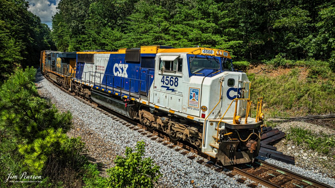 CSXT 4568, 50th Anniversary Operation Lifesaver locomotive, pulls a heavy M647 mixed freight as it heads south out of the Crofton Cut on July 7th, 2024, on the CSX Henderson Subdivision, just north of Crofton, Kentucky.

According to a CSX press release: CSX unveiled a new Operation Lifesaver rail safety commemorative locomotive in September of 2022, and it was painted at the railroads locomotive shop in Huntington, West Virginia. The CSXT 4568 engine will travel the company’s rail network as a visual reminder for the public to be safe at highway-rail grade crossings and near railroad tracks.

Tech Info: DJI Mavic 3 Classic Drone, RAW, 22mm, f/2.8, 1/2000, ISO 130.

#railroad #railroads #train #trains #bestphoto #railroadengines #picturesoftrains #picturesofrailway #bestphotograph #photographyoftrains #trainphotography #JimPearsonPhotography #trendingphoto #csxt #trainsfromadrone #csxoperationlifesaver