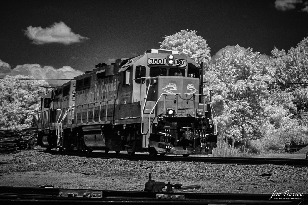 In this week’s Saturday Infrared photo, we catch the power (3801 & 3805) from the daily RJ Corman local as they pull from the CSX yard at Guthrie, Kentucky, after dropping off their exchange work for the day on July 18th, 2024.

Tech Info: Fuji XT-1, RAW, Converted to 720nm B&W IR, Nikon 10-24mm @ 20mm, f/6.3, 1/400, ISO 200.

#railroad #railroads #train #trains #bestphoto #railroadengines #picturesoftrains #picturesofrailway #bestphotograph #photographyoftrains #trainphotography #JimPearsonPhotography #trendingphoto