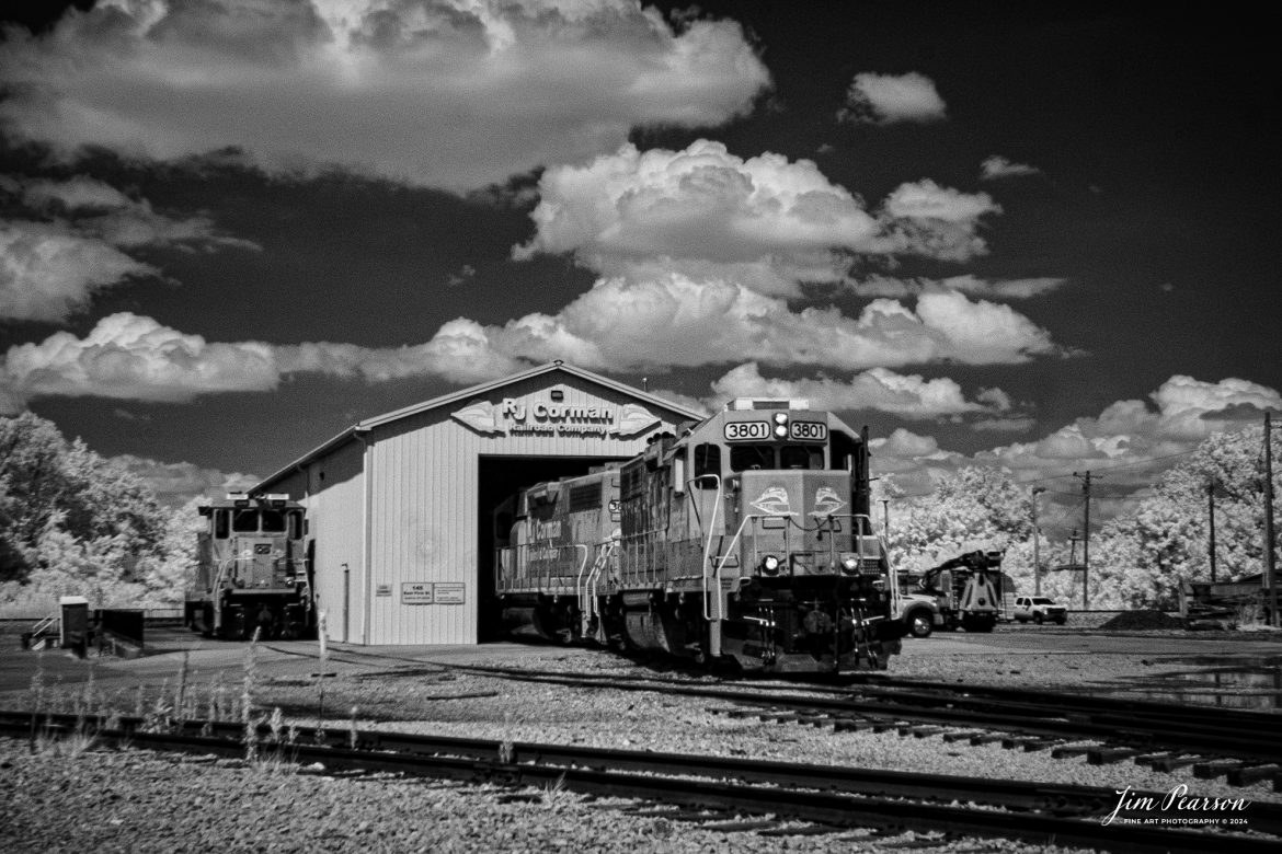 In this week’s Saturday Infrared photo, we catch the power (3801 & 3805) from the daily RJ Corman local as they back into the engine house at Guthrie, Kentucky, after completing their run for the day on July 18th, 2024.

Tech Info: Fuji XT-1, RAW, Converted to 720nm B&W IR, Nikon 10-24mm @ 24mm, f/5.6, 1/400, ISO 200.

#railroad #railroads #train #trains #bestphoto #railroadengines #picturesoftrains #picturesofrailway #bestphotograph #photographyoftrains #trainphotography #JimPearsonPhotography #trendingphoto