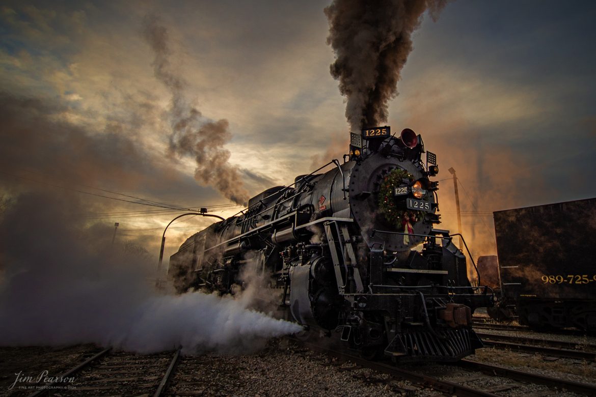 Steam Railroading Institute’s Pere Marquette 1225 pulls off the turntable at Owosso, Michigan, as it prepares for a day of pulling the North Pole Express to Ashley, Michigan on December 16th, 2023.

According to their website, Pere Marquette 1225, the largest and most impressive piece in the Steam Railroading Institute’s collection, is one of the largest operating steam locomotives in Michigan. The 1225 was built in October of 1941 by the Lima Locomotive Works in Lima, Ohio for the Pere Marquette Railway. It’s part of the National Register of Historic Structures and is renowned for its role in the 2004 Warner Brothers Christmas Classic, THE POLAR EXPRESS™. 1225’s blueprints were used as the prototype for the locomotive image as well as its sounds to bring the train in the animated film to life!

Tech Info: Nikon D810, RAW, Nikon 10-24 @ 10mm, f/3.5, 1/320, ISO 72.

#railroad #railroads #train, #trains #railway #railway #steamtrains #railtransport #railroadengines #picturesoftrains #picturesofrailways #besttrainphotograph #bestphoto #photographyoftrains #steamtrainphotography # PereMarquette1225 #bestsoldpicture #JimPearsonPhotography #northpoleexpress #owossomichigan #SteamRailroadingInstitute