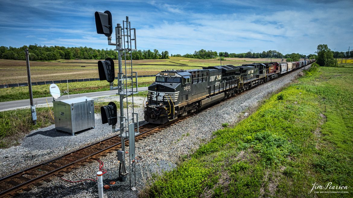 Norfolk Southern 3603 leads B231 northbound as it passes the north end of Robards, Kentucky, on April 20th, 2024, on the Henderson Subdivision. B231 is a loaded phosphate train that runs from Mulberry, FL to Bensenville, IL (CPKC). G413 is a loaded grain train that runs from Evansville, IN to S&N Yard at Montgomery, AL.

Tech Info: DJI Mavic 3 Classic Drone, RAW, 22mm, f/2.8, 1/2500, ISO 120.

#railroad #railroads #train #trains #bestphoto #railroadengines #picturesoftrains #picturesofrailway #bestphotograph #photographyoftrains #trainphotography #JimPearsonPhotography #trendingphoto #csxt #trainsfromadrone