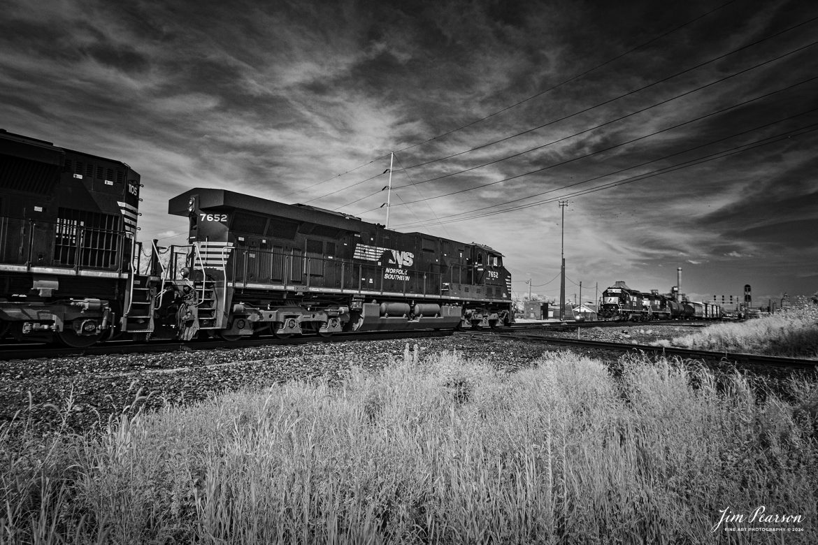 In this week’s Saturday Infrared photo I caught these two Norfolk Southern freight trains meeting at the WABIC Diamond in  Decatur, Illinois on August 24th, 2024,on the NS Lafayette District. 

Tech Info: Fuji XT-1, RAW, Converted to 720nm B&W IR, Nikon 10-25 @15mm, f/4, 1/800, ISO 200.

#trainphotography #railroadphotography #trains #railways #trainphotographer #railroadphotographer #jimpearsonphotography #NorfolkSouthern #IllinoisRailroads #infaredphotography