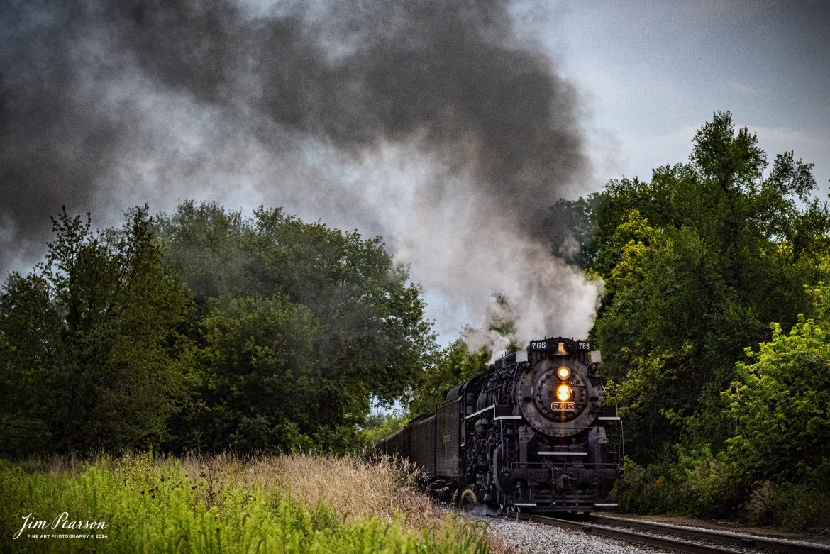 August 30th, 2024, Steam locomotive Nickel Plate 765 leads “The Limited” through the Indiana countryside, on a late evening passenger train run to Reading, Michigan, as part of Indiana Rail Experience’s Rolling Victory Weekend.

According to their website: Rolling Victory was a three-day living history event celebrating American military, railroad, and home front history featuring vintage train rides, World War II reenactors, battles, a big band orchestra, and an immersive and educational experience for all ages in Pleasant Lake, Indiana.

Tech Info: Nikon D810, RAW, Nikon 24-70 @ 70mm, f/2.8, 1/4000, ISO 2200.

#railroad #railroads #train, #trains #railway #railway #steamtrains #railtransport #railroadengines #picturesoftrains #picturesofrailways #besttrainphotograph #bestphoto #photographyoftrains #bestsoldpicture #JimPearsonPhotography #steamtrains #nkp765 #passengertrains